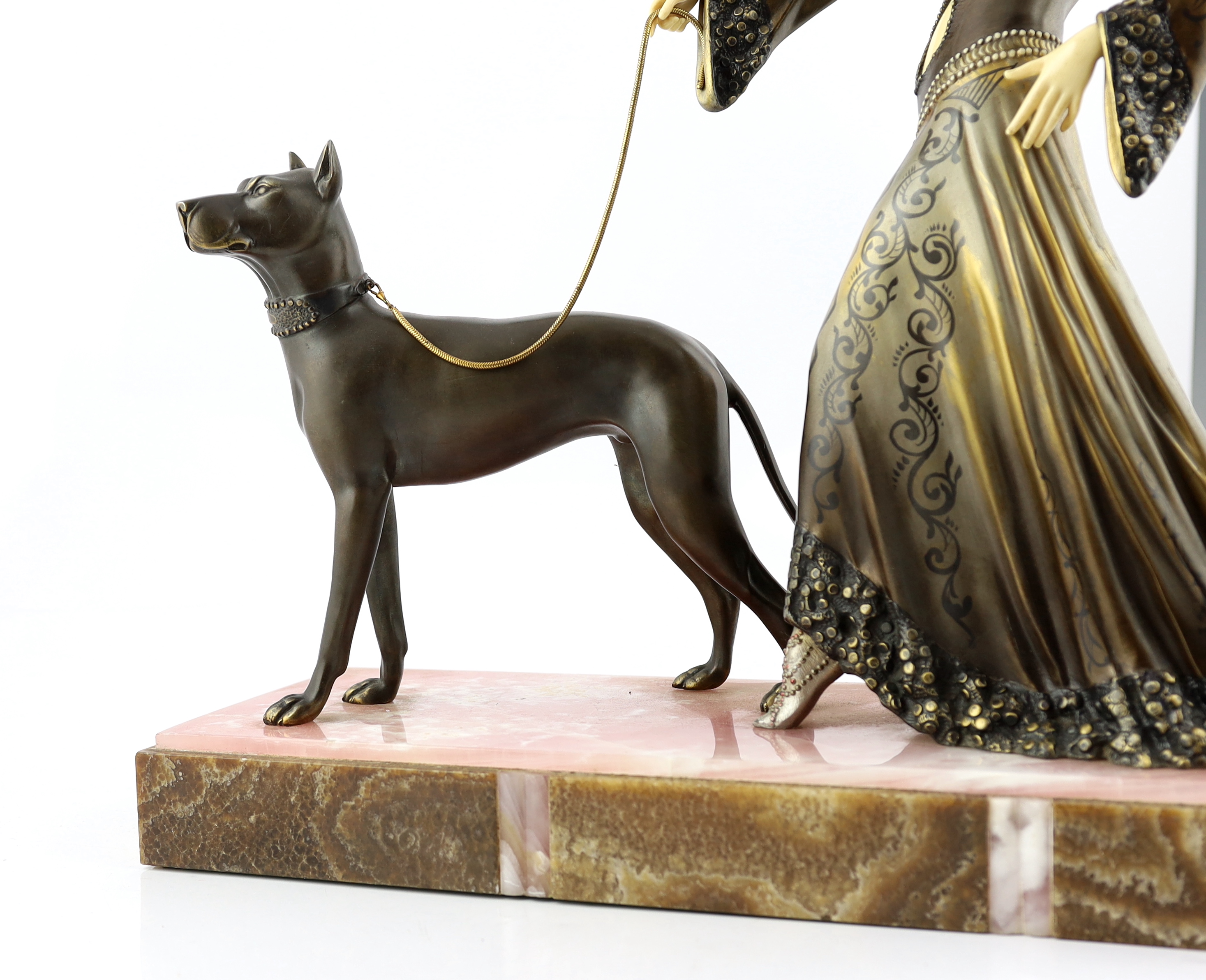 G. Gori, a French Art Deco bronze, simulated ivory and marble Art Deco group of a medieval lady with a hound, 56cm wide, 20cm deep, 52cm high